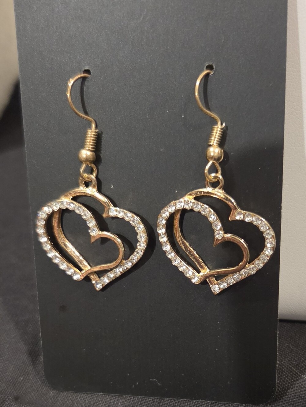 DOUBLE HEART WITH RHINESTONES GOLDTONE EARRINGS